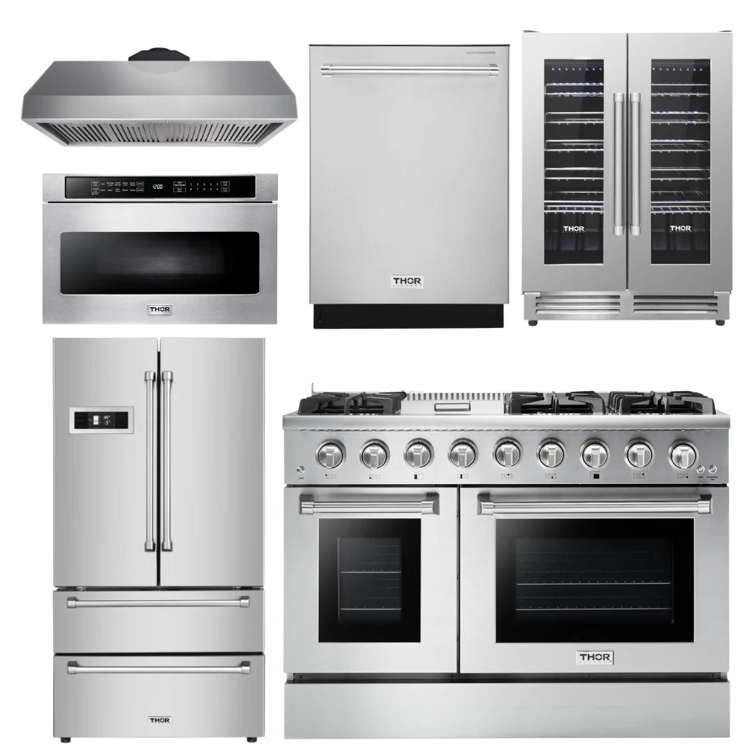 48 Gas Range, Range Hood, Refrigerator, Dishwasher, Microwave, Wine Cooler V87616