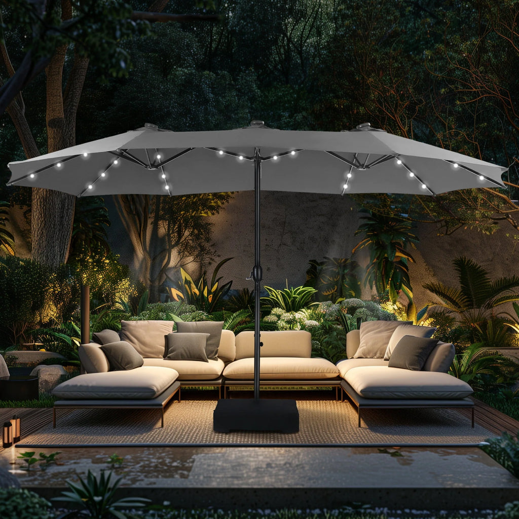 15ft Double-Sided Patio Umbrella with Solar Lights & Base U71371