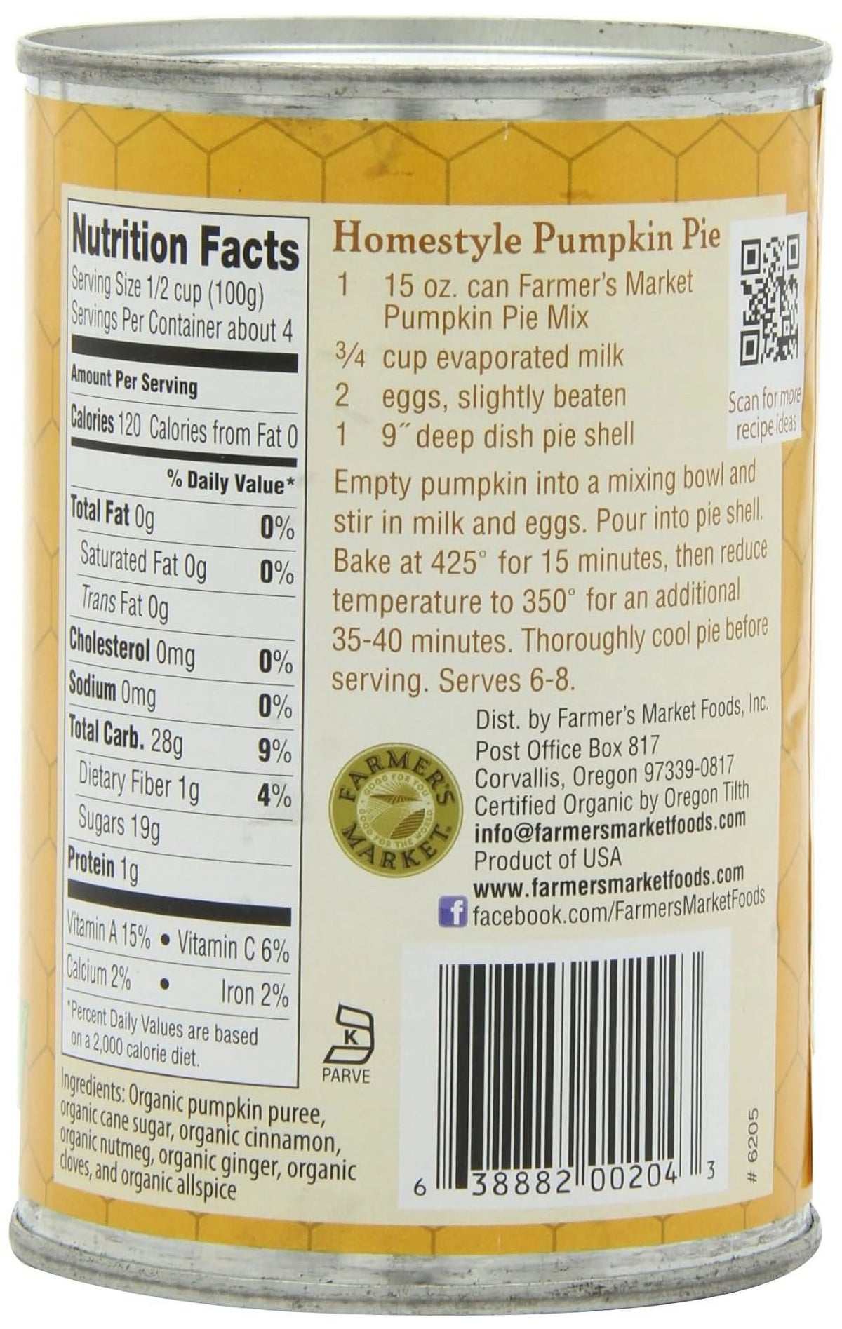 Organic Canned Pumpkin Pie Mix 15-Ounce Cans Pack Of 12 O7606