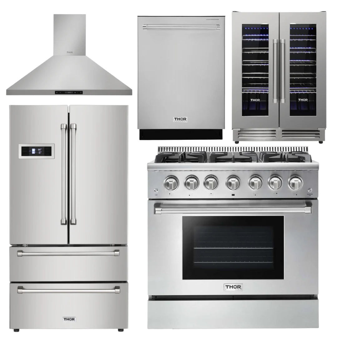 36 Propane Gas Range, Range Hood, Refrigerator, Dishwasher & Wine Cooler W11108