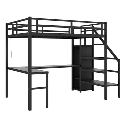 Full XL Size Black Metal Loft Bed with L-Shaped Desk and Stairs Z400612