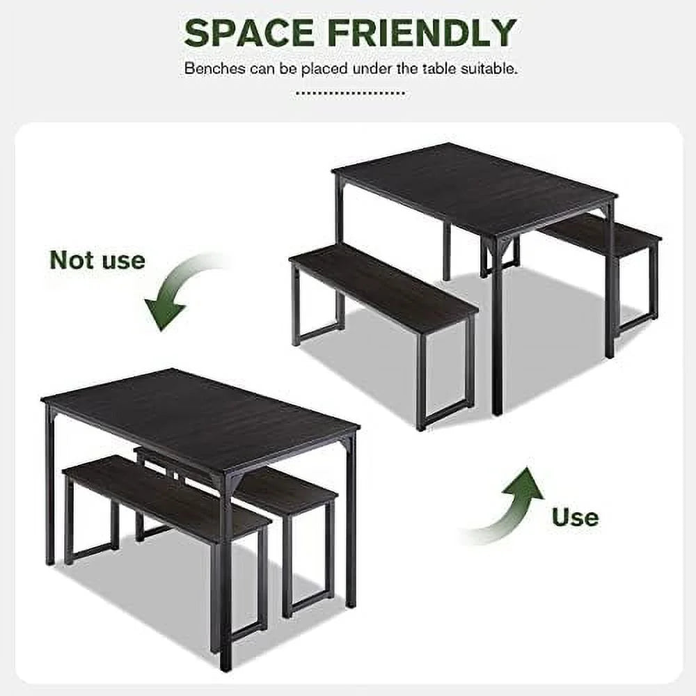 45" Dining Table Set for 4, 3-Pieces with Benches, Metal Frame and Wood Board, Brown L4600