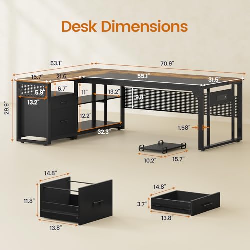 71 in Reversible L Shaped Desk with File Drawers L237