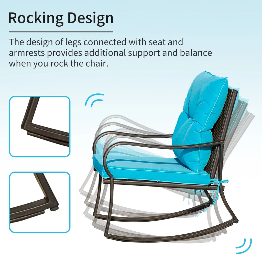 3 Pieces Bistro Set Rocking Chairs Cushion Glass Top Table Blue C70869