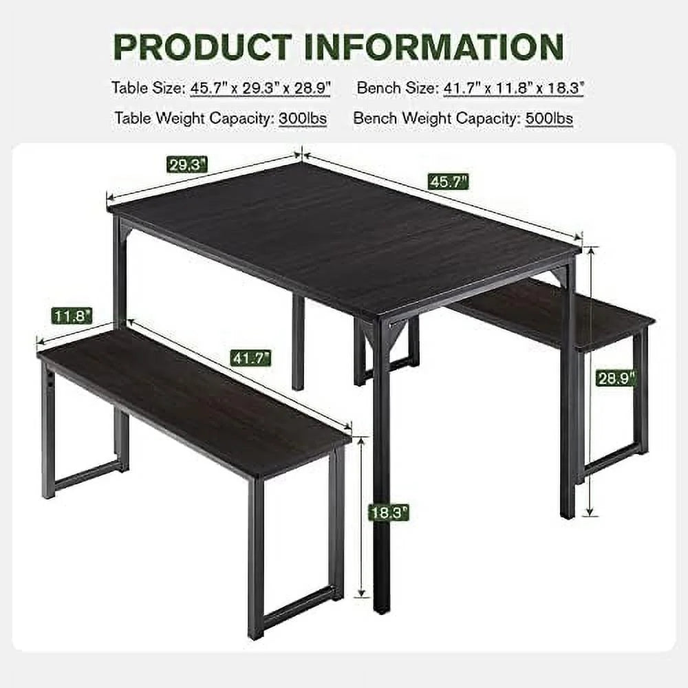 45" Dining Table Set for 4, 3-Pieces with Benches, Metal Frame and Wood Board, Brown L4600