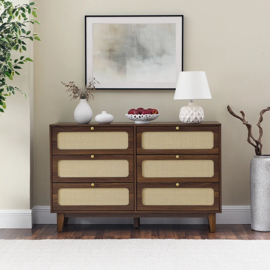 6 Drawer Wooden Dresser with Rattan Drawers M429872
