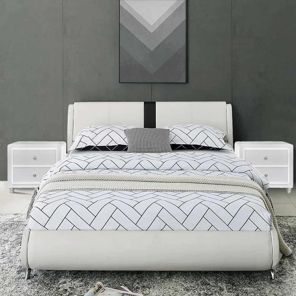 Queen White Platform Bedroom Set with Striped Headboard J4045