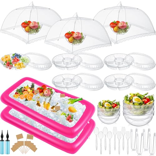 128 Pcs Inflatable Cooler with 2 Serving Bars, Food Cover, Salad Bowl, Utensils, Appetizer Tray, 100 Labels T2760