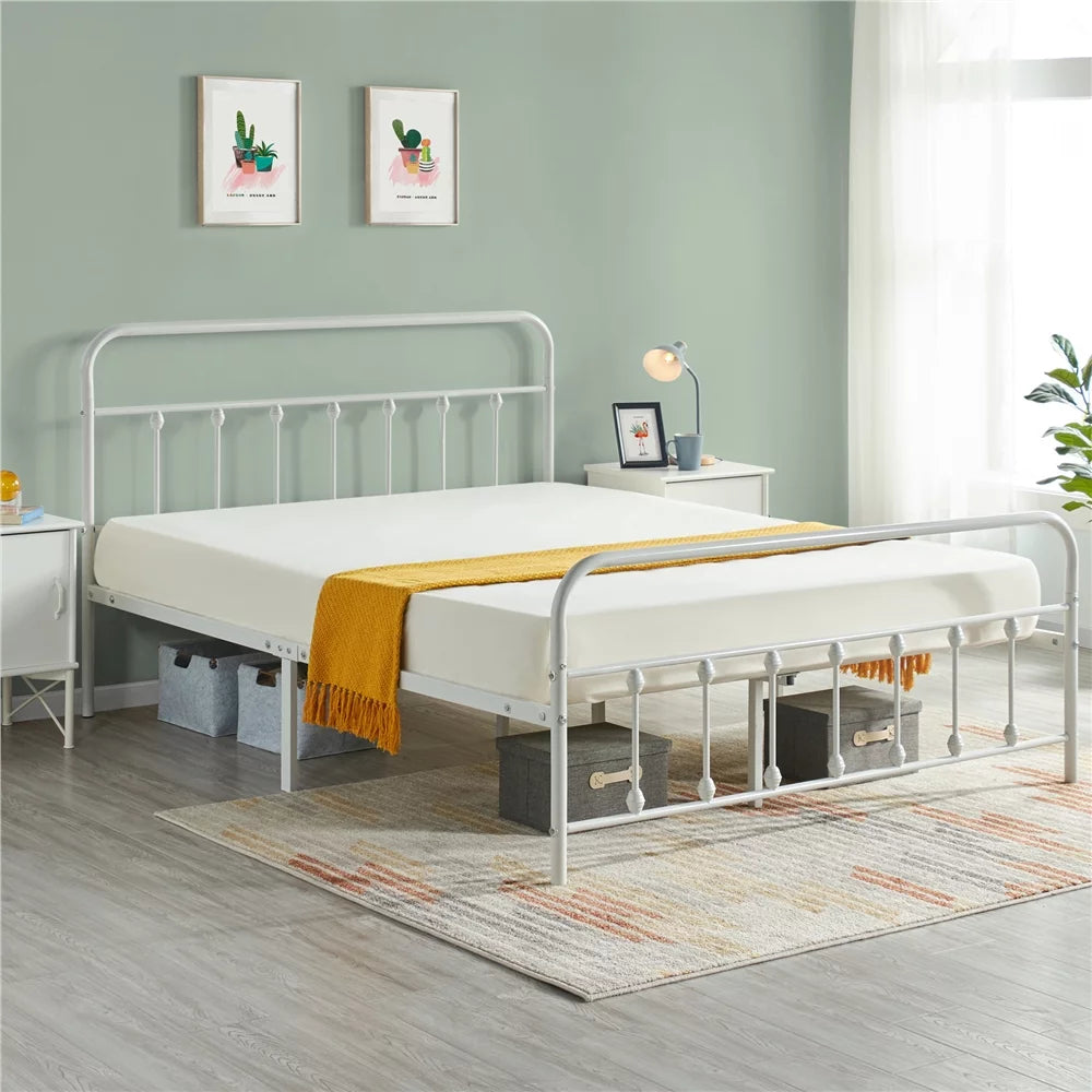 Queen Metal Bed Frame with Headboard & Footboard, White I52873