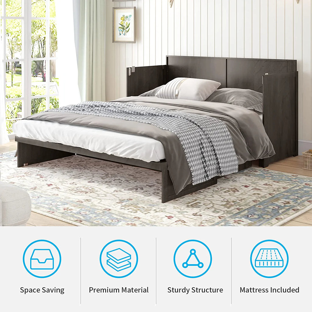Queen Size Cabinet Bed with USB Charging Station & Folding Foam Mattress I8754
