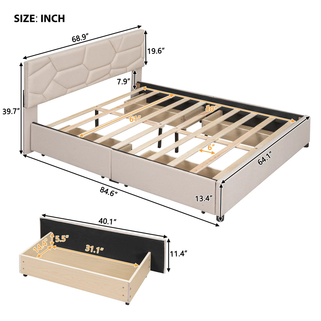 Beige Queen Linen Fabric Upholstered Storage Bed Frame with 4 Drawers R579