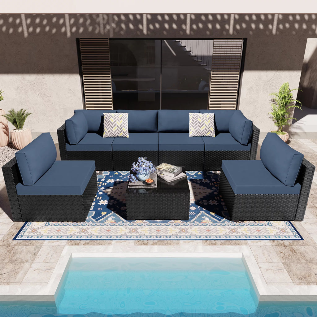 7 Pieces Black Wicker Outdoor Sectional Sofa Set J971281