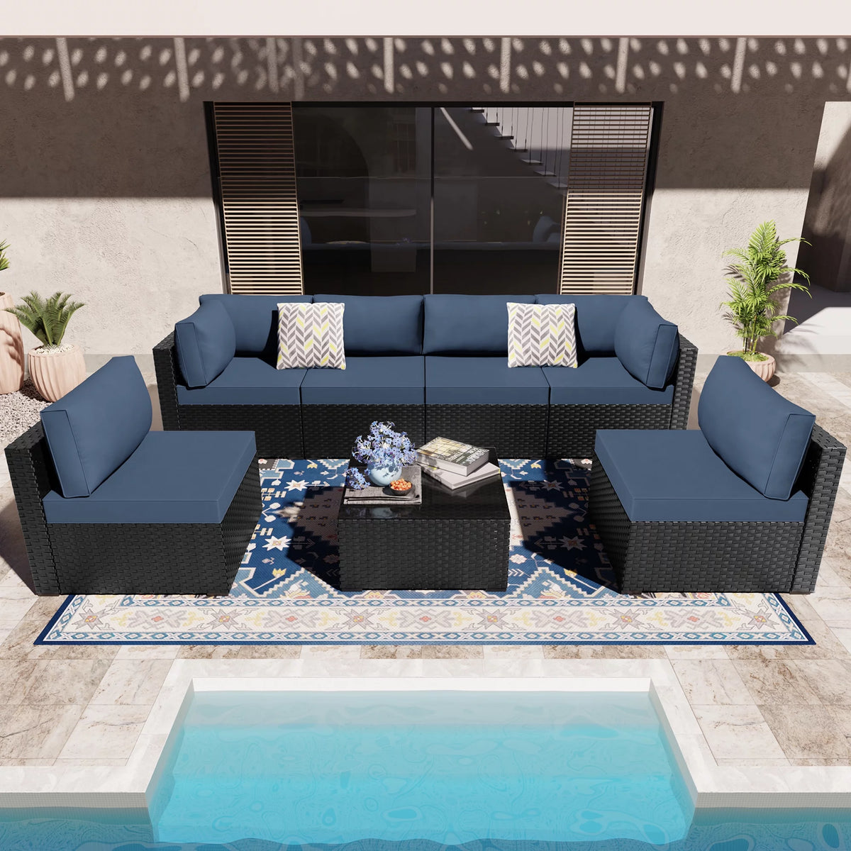 7 Pieces Black Wicker Outdoor Sectional Sofa Set J971281