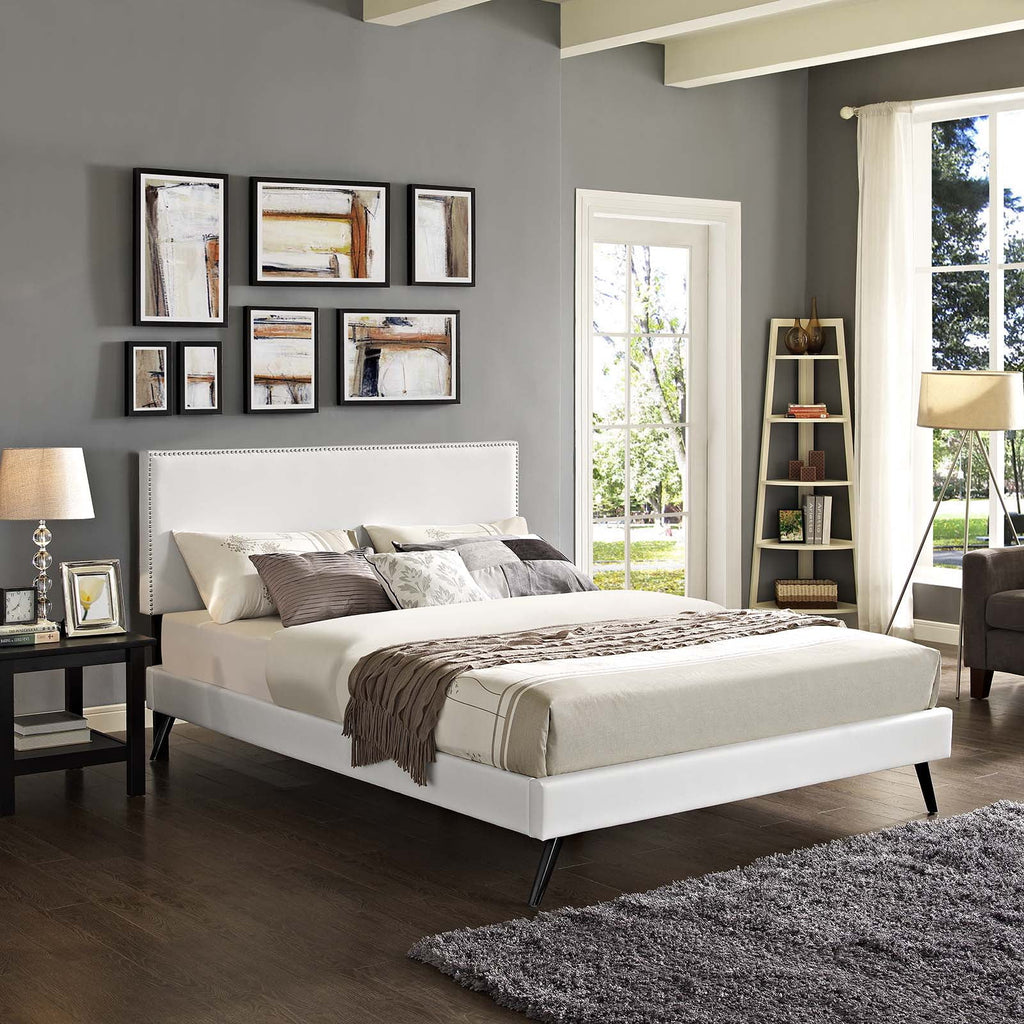 King Vinyl Platform Bed with Round Splayed Legs in White M484605