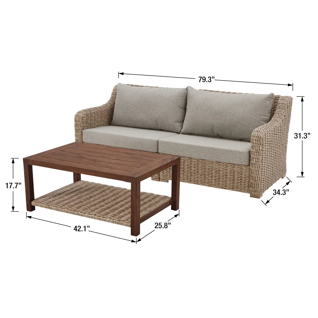 2 Piece Outdoor Sofa and Coffee Table Set with Gray Cushions L715998