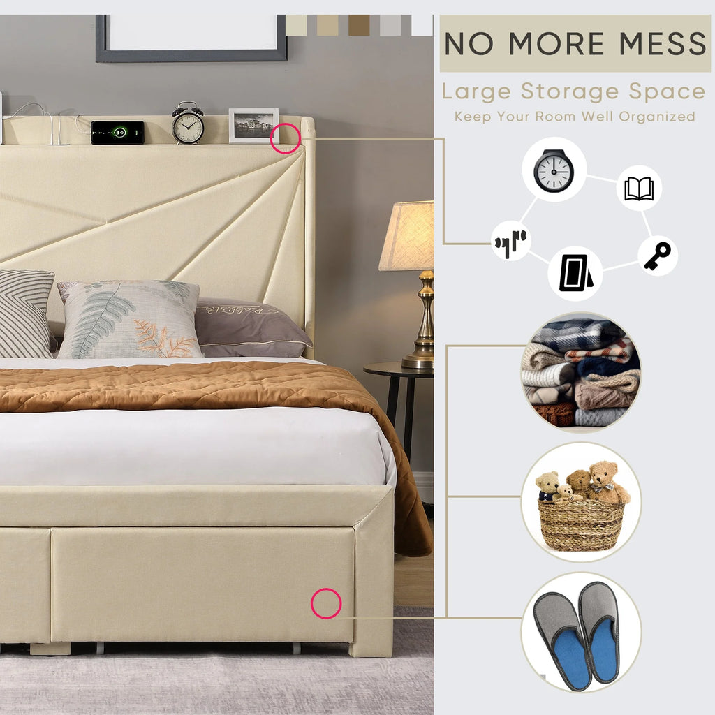 Beige Full Size Bed Frame with 2 Storage Drawers M3065