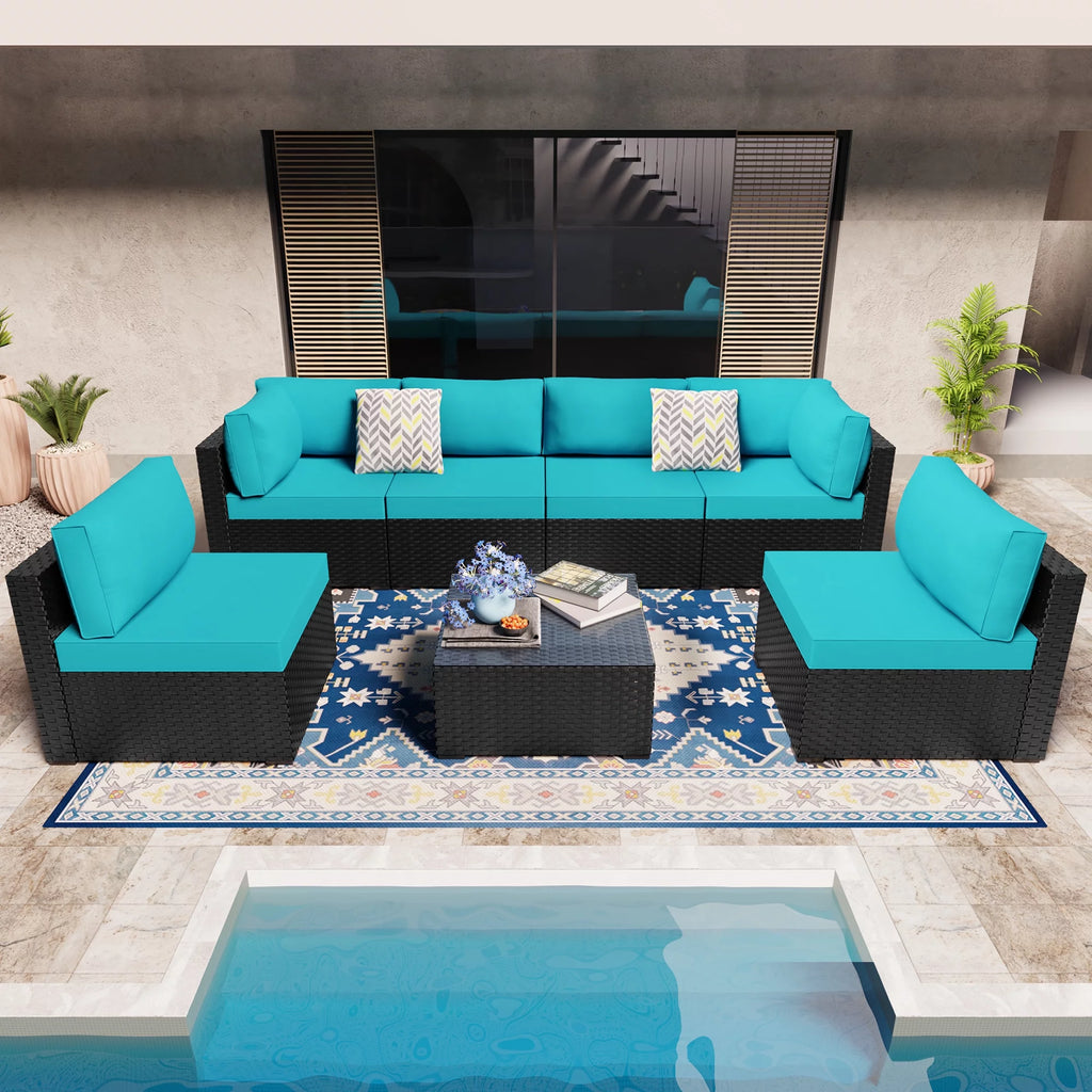 7 Pieces Black Wicker Outdoor Sectional Sofa Set J971281