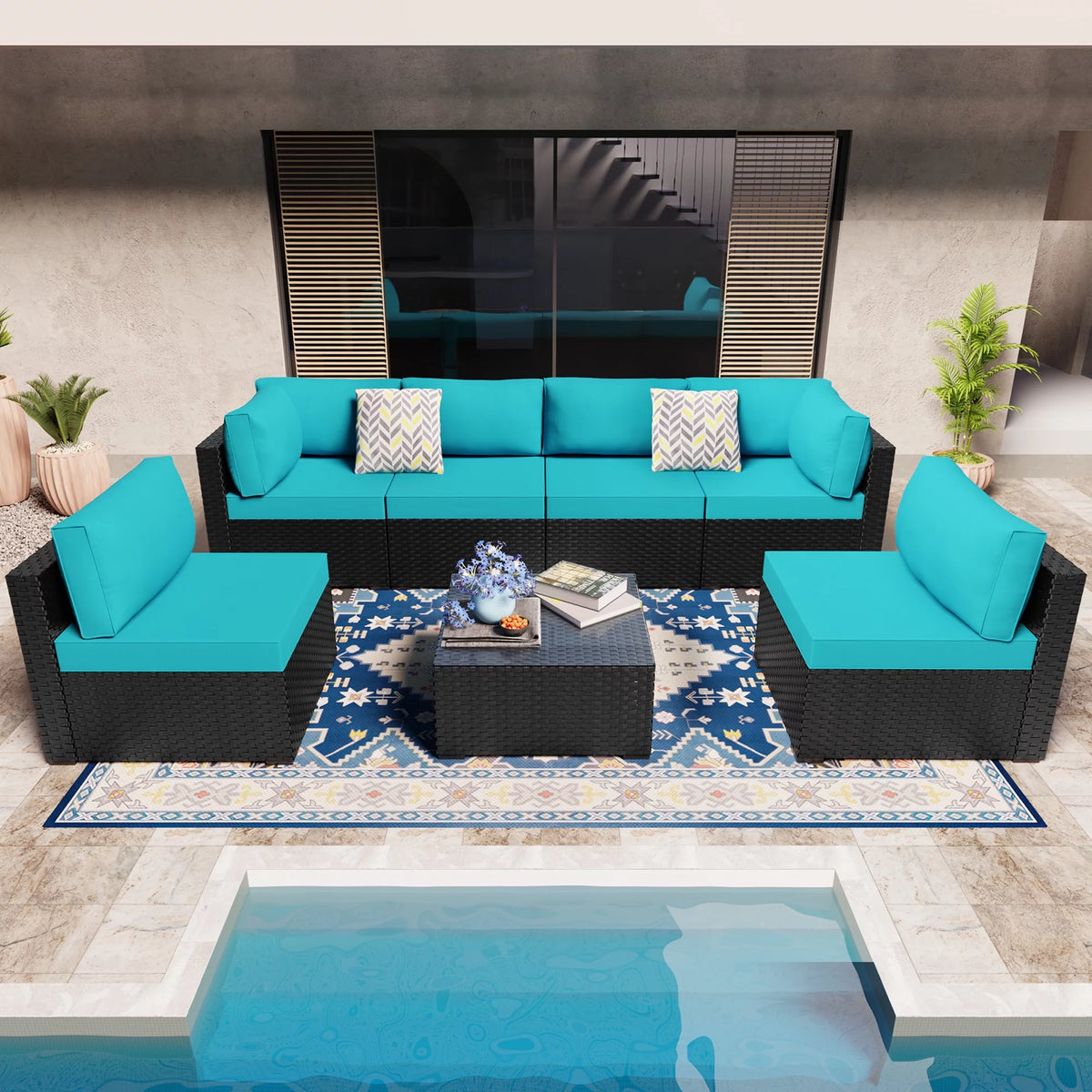 7 Pieces Black Wicker Outdoor Sectional Sofa Set J971281