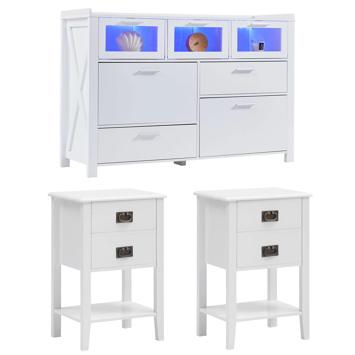 3-Piece Bedroom Set with 7 Drawers LED Dresser and 2 Nightstands, White I6316