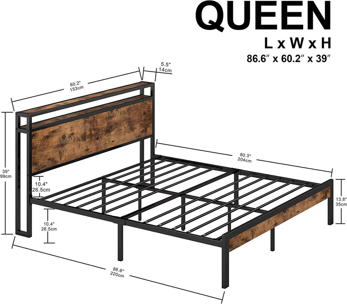 Queen Bed Frame with Industrial Headboard T535
