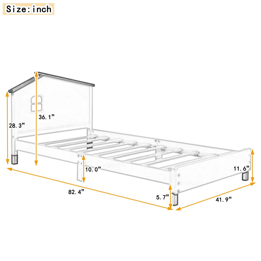 White Gray Twin Size Solid Wood Platform Bed with House-shaped Headboard A716216