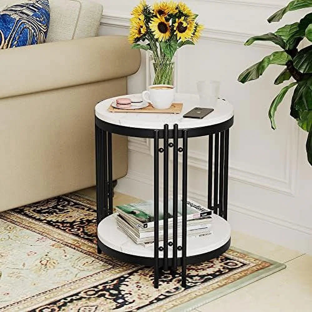 Black Faux Marble Round End Table with Storage Shelves C5845