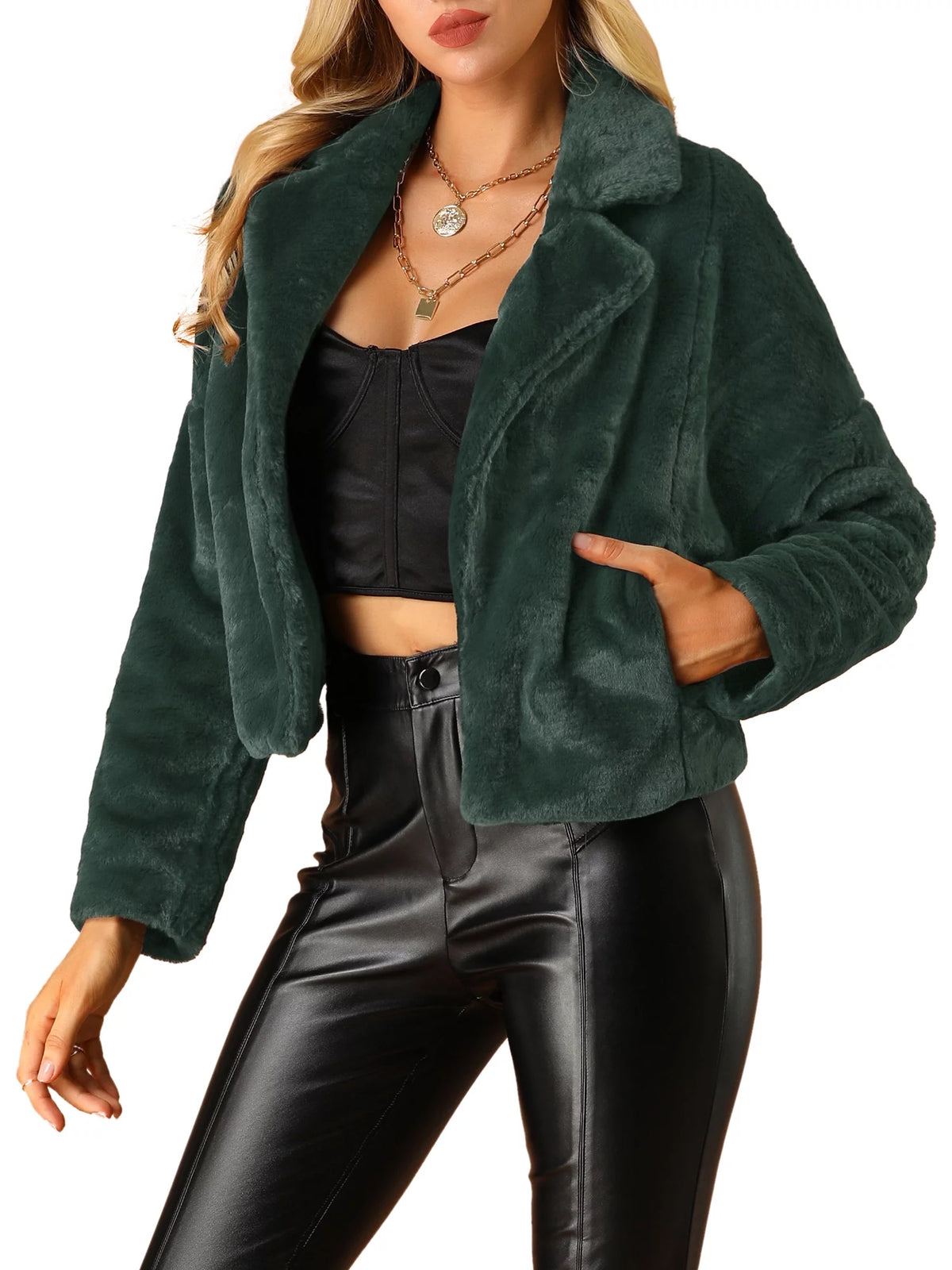 Loose Faux Fur Cropped Jacket Coat Dark Green F342446