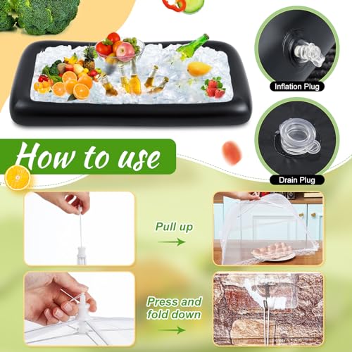 128 Pcs Inflatable Cooler with 2 Serving Bars, Food Cover, Salad Bowl, Utensils, Appetizer Tray, 100 Labels T2760