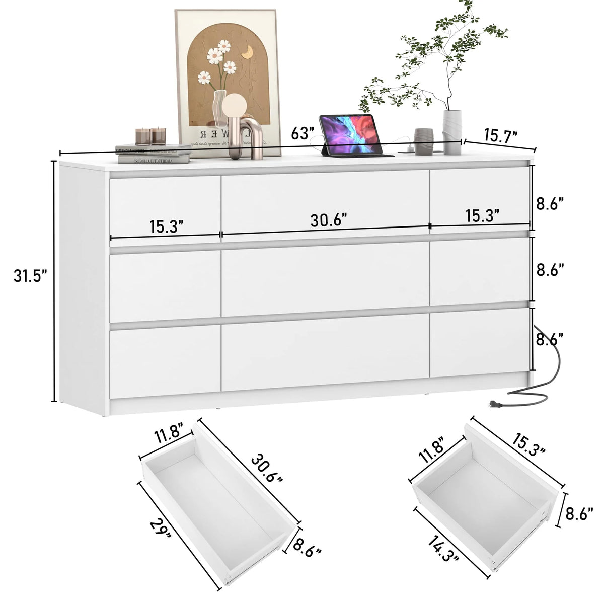 White 9 Drawer Wood Dresser with Charging Station G99946