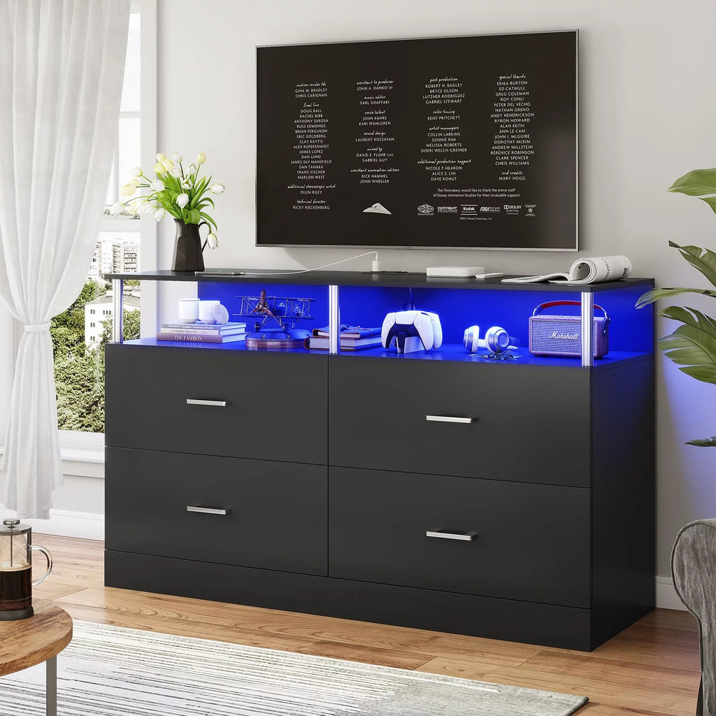 Black 6 Drawer Dresser with Charging Station and LED Light I969804