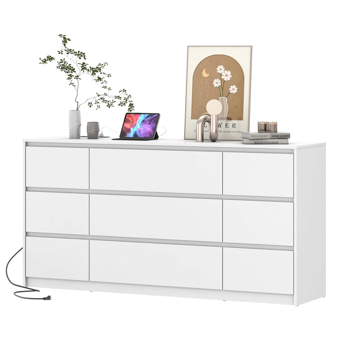 White 9 Drawer Wood Dresser with Charging Station G99946