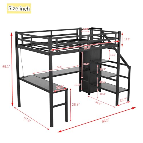 Full XL Size Black Metal Loft Bed with L-Shaped Desk and Stairs Z400612