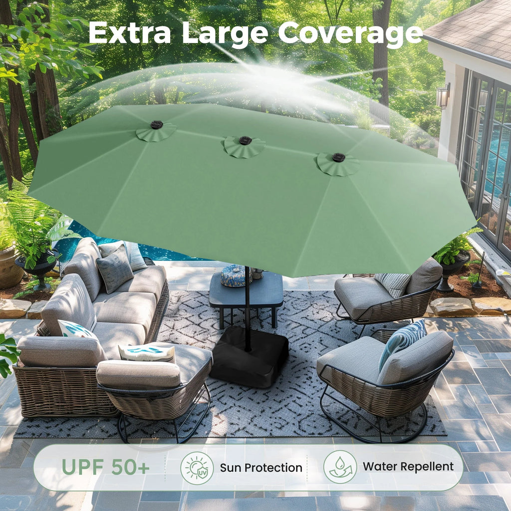 15ft Double-Sided Patio Umbrella with Solar Lights & Base U71371