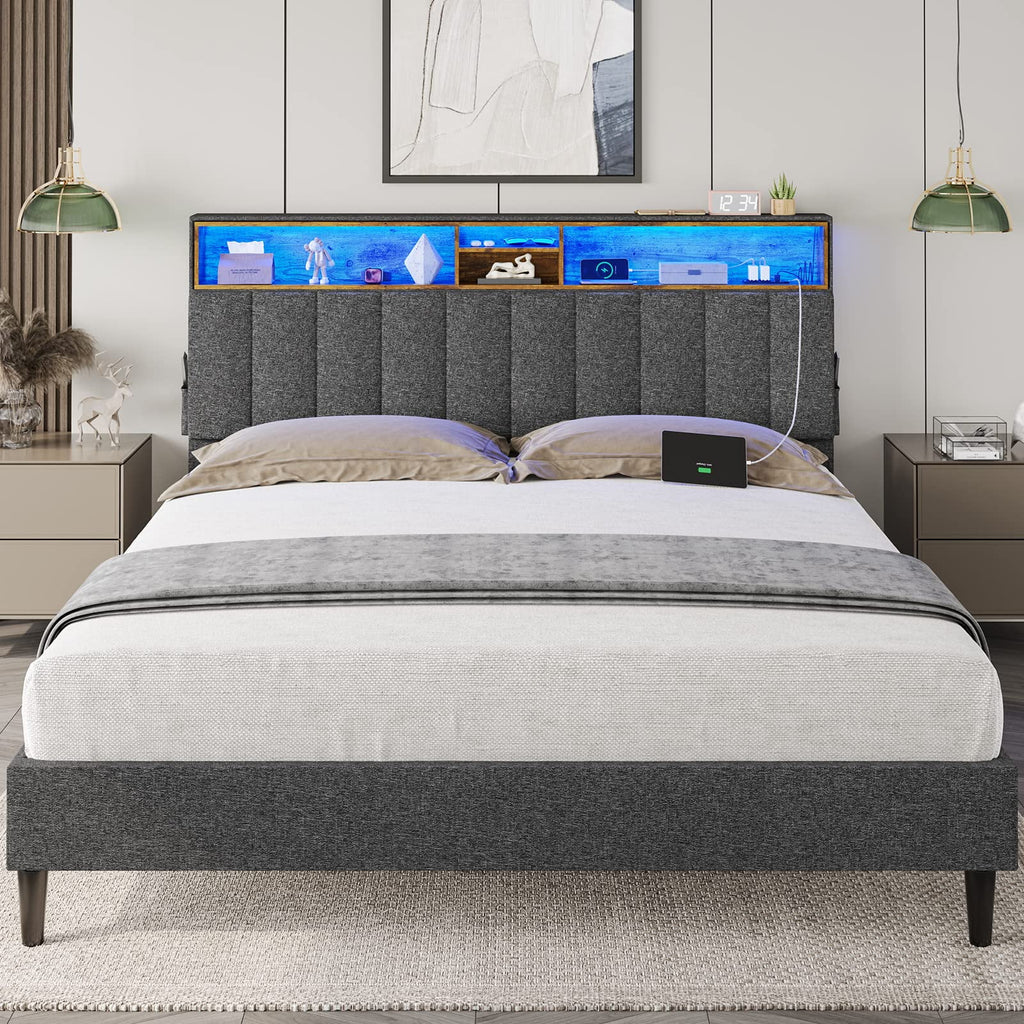 Queen Size LED Bed Frame with Outlet and USB Ports D1167