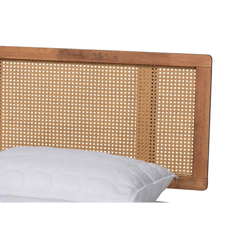 Walnut Brown Wood and Synthetic Rattan Full Size Platform Bed J326
