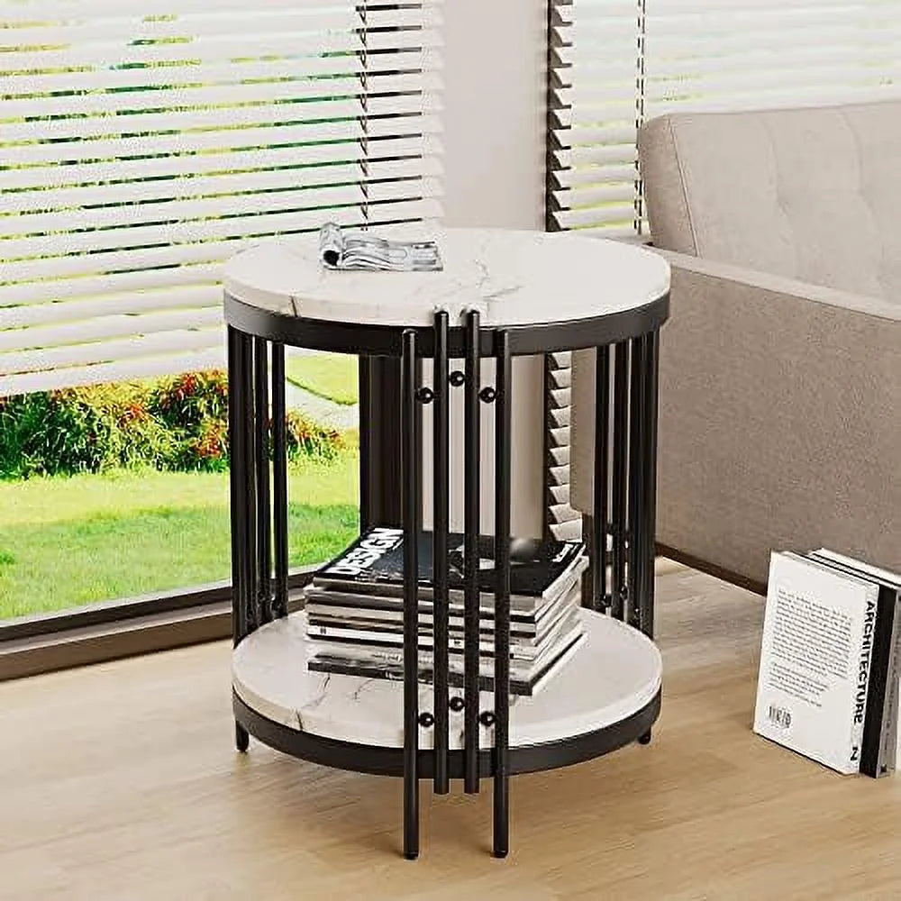 Black Faux Marble Round End Table with Storage Shelves C5845
