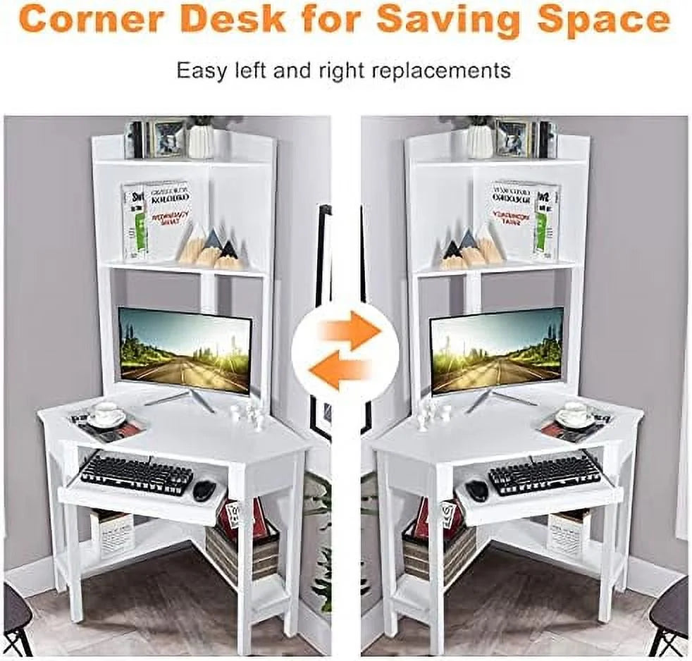 White Corner Computer Desk with Hutch and Shelves V926