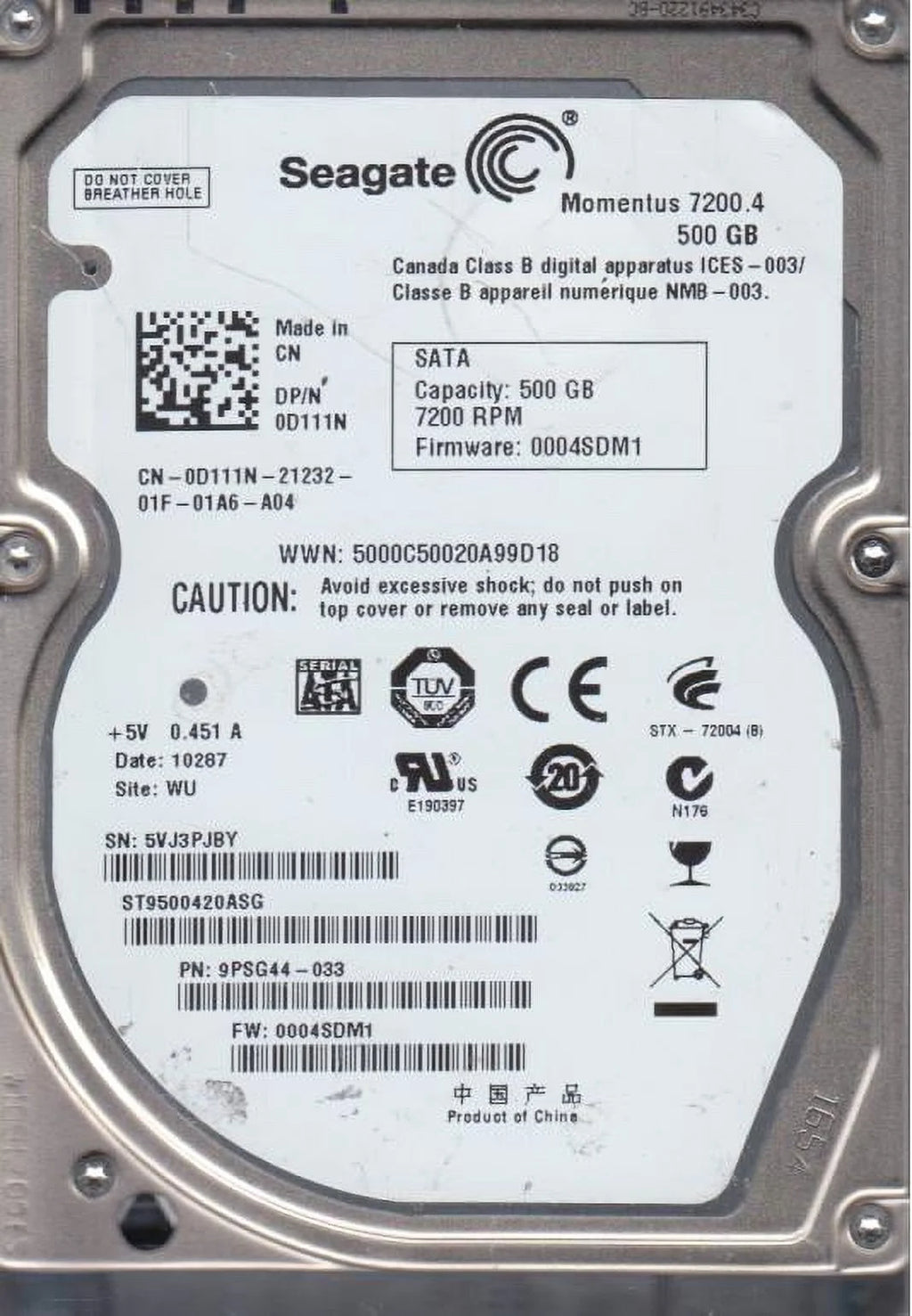 500GB SATA 2.5 Hard Drive D9661