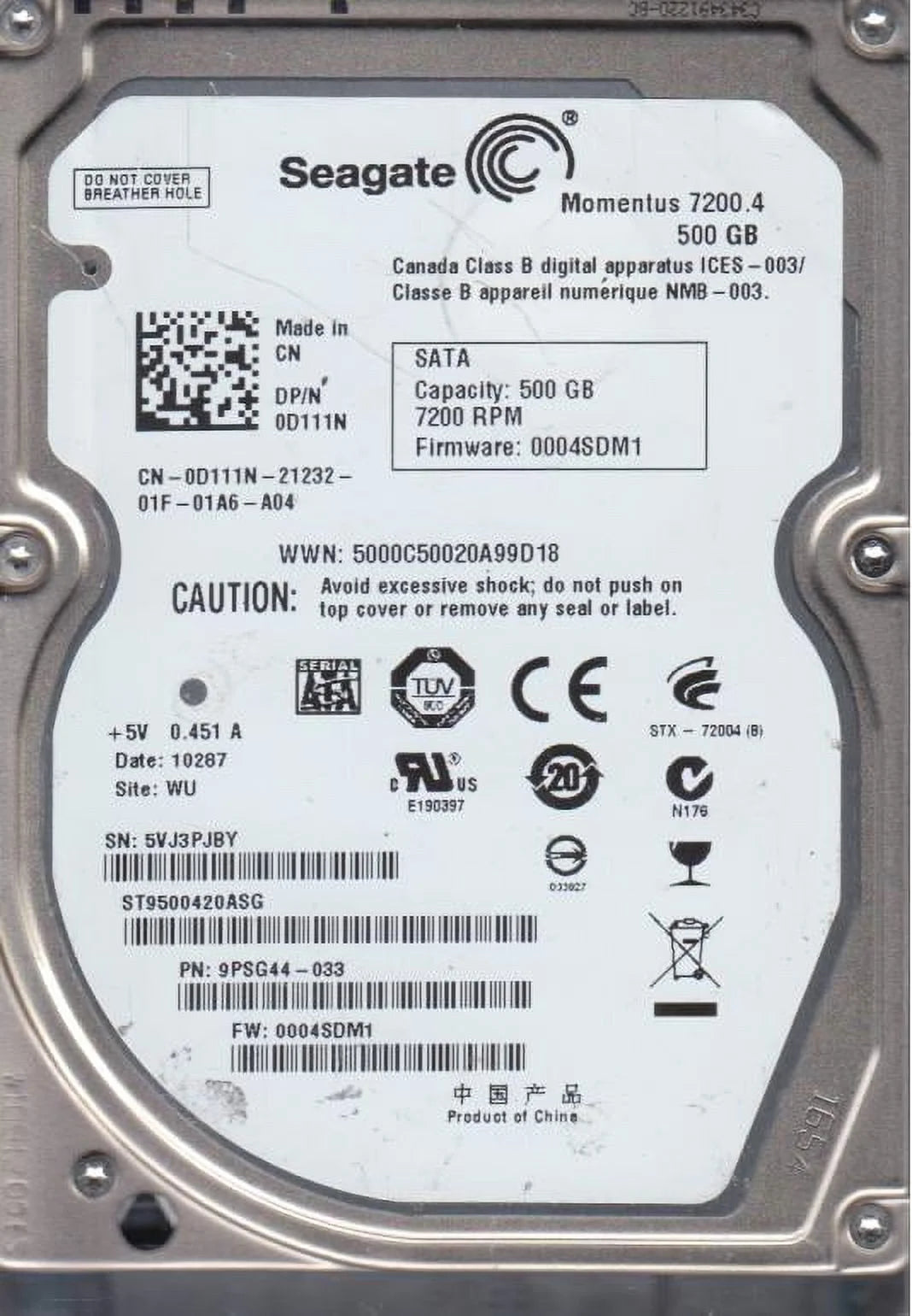 500GB SATA 2.5 Hard Drive D9661