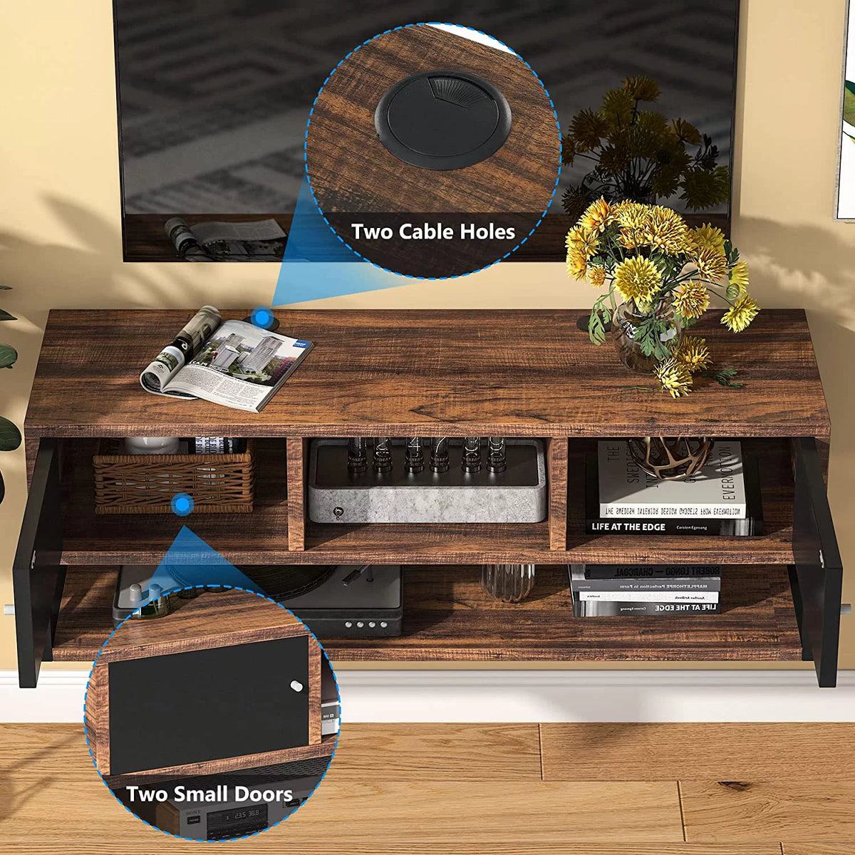 3 Tier Wall Mounted Media Console with Doors Storage S8900