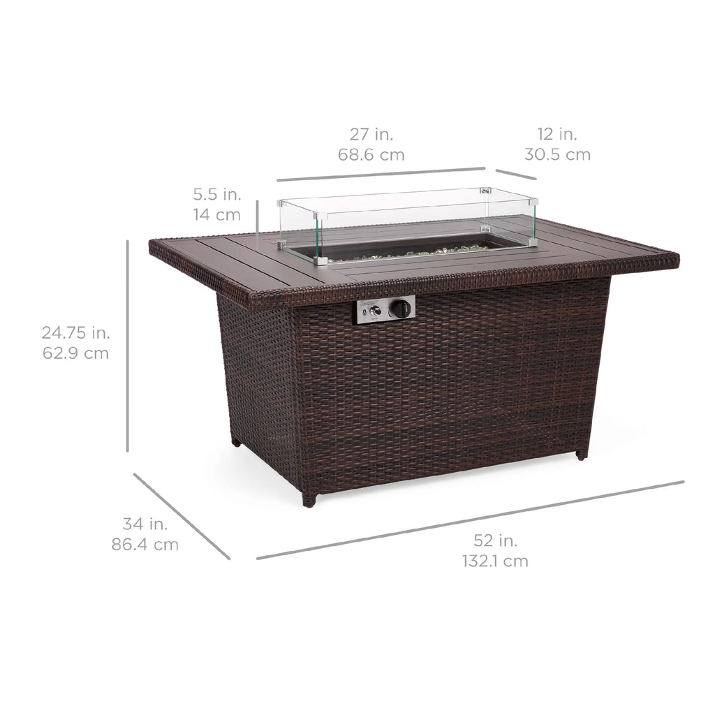 52in Wicker Propane Gas Fire Pit Table 50,000 BTU with Glass Wind Guard G60988