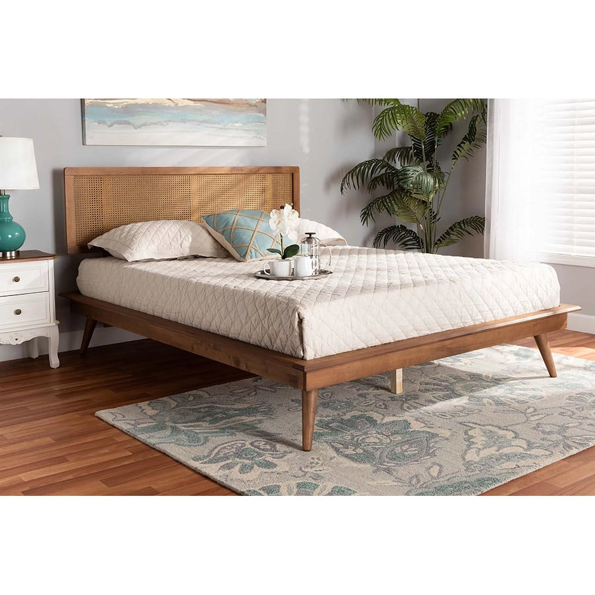 Walnut Brown Wood and Synthetic Rattan Full Size Platform Bed J326