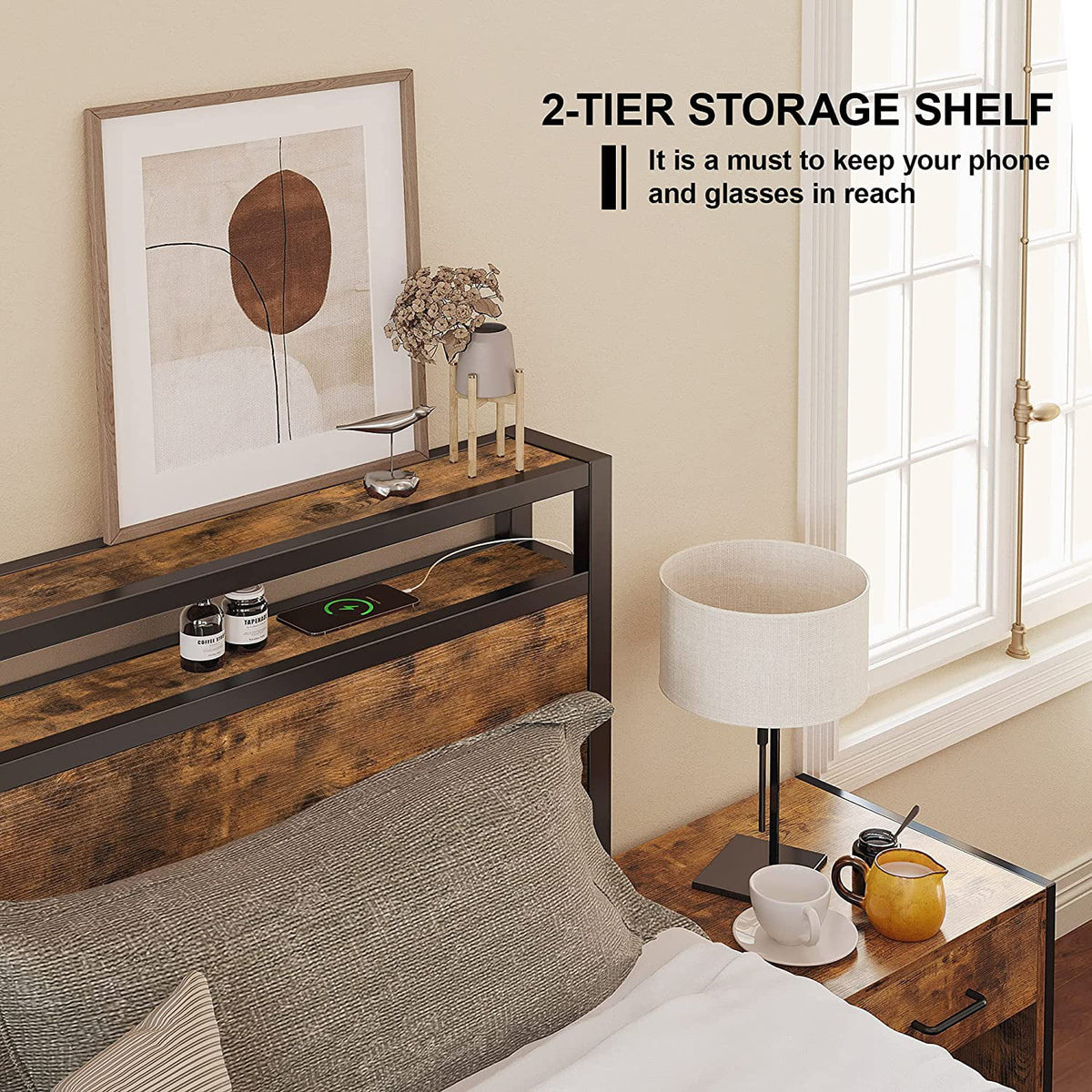 Queen Bed Frame with Industrial Headboard T535
