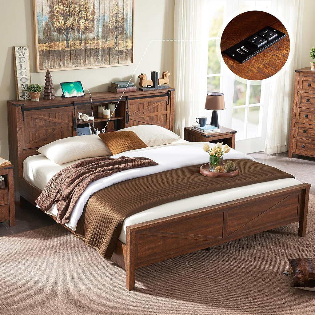 Full Platform Bed with Bookcase Headboard and Charging Station U1933