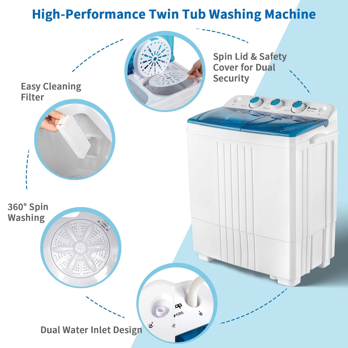 Portable Twin Tub Mini Clothes Washing Machine with Drain Pump, Grey Q7828