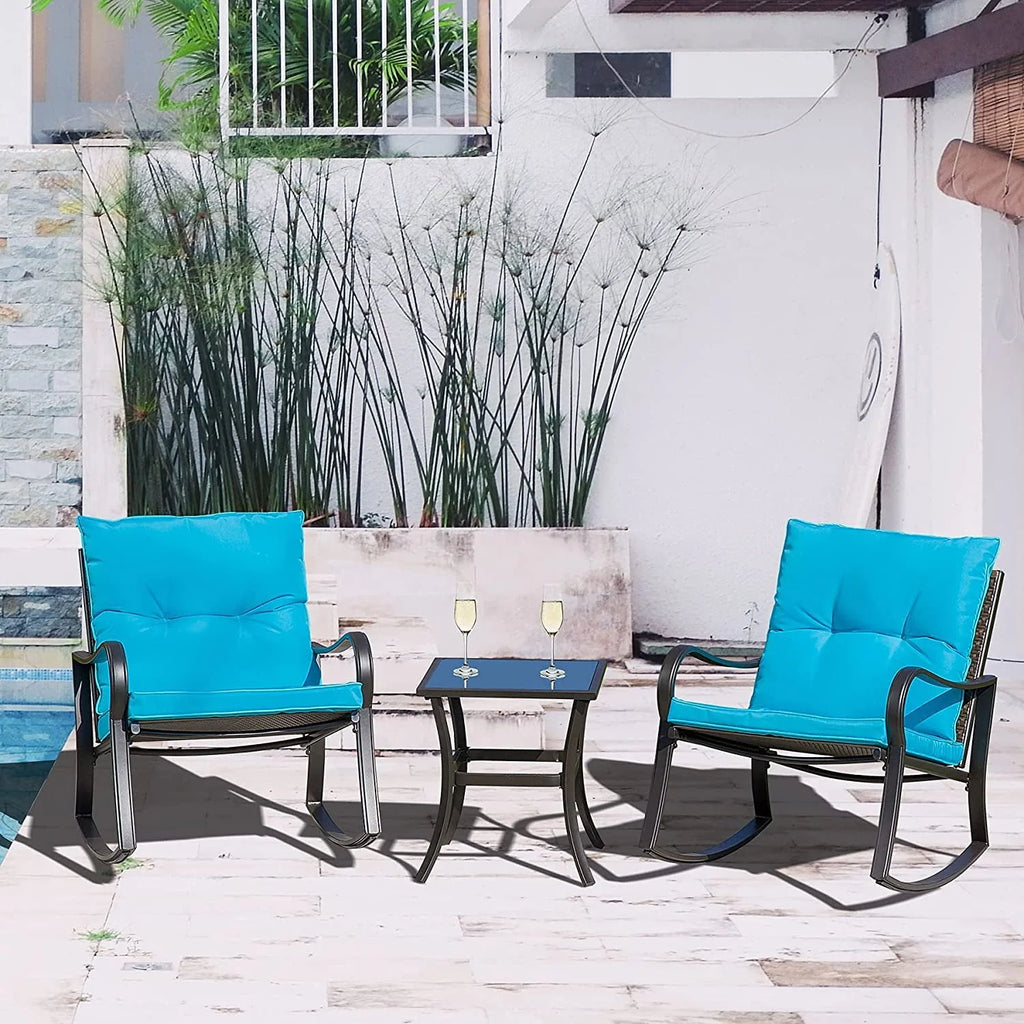 3 Pieces Bistro Set Rocking Chairs Cushion Glass Top Table Blue C70869