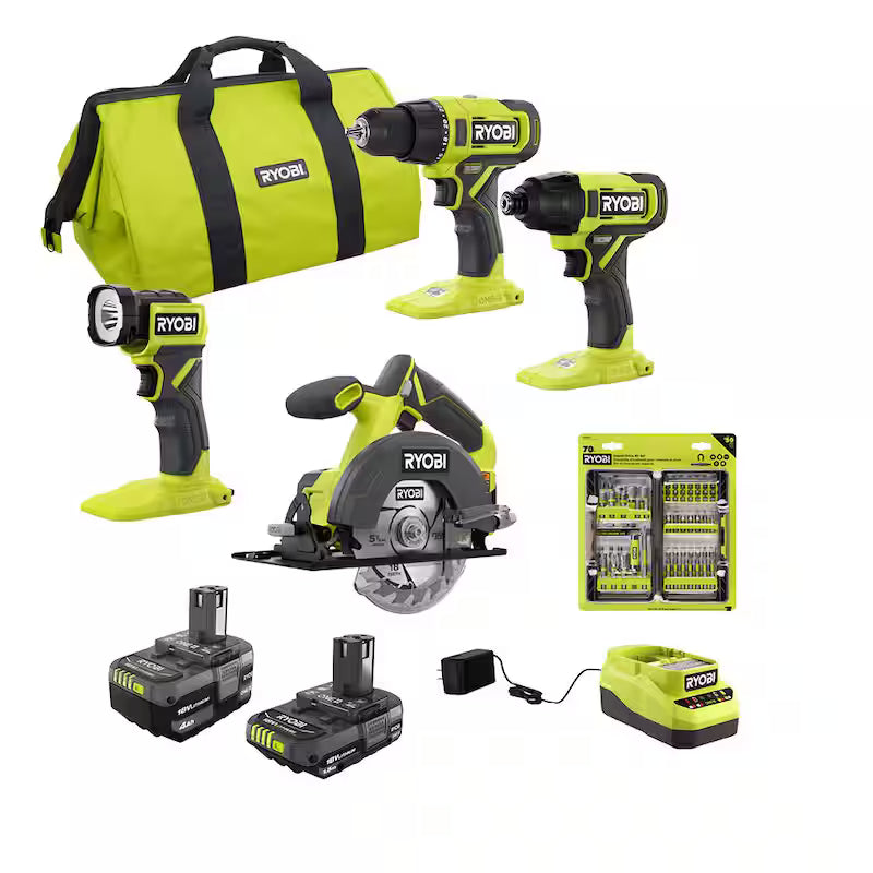 18V Cordless 4-Tool Combo Kit with Battery, Charger, and 70-Piece Driving Kit Y8754