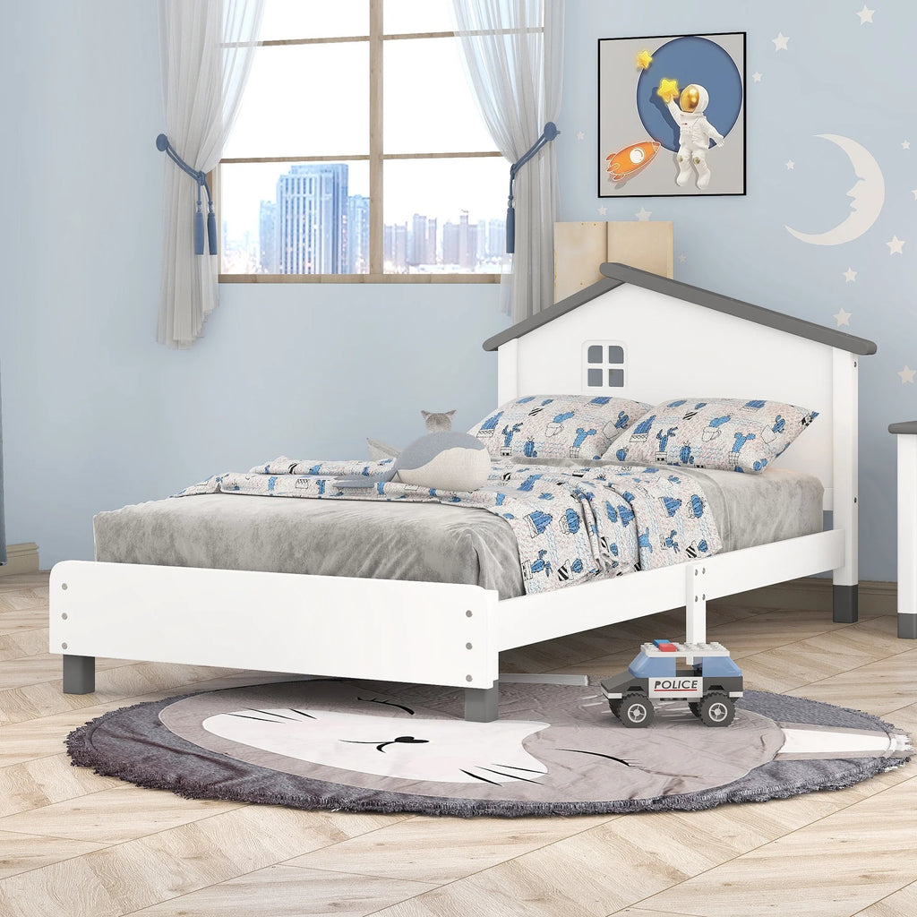White Gray Twin Size Solid Wood Platform Bed with House-shaped Headboard A716216