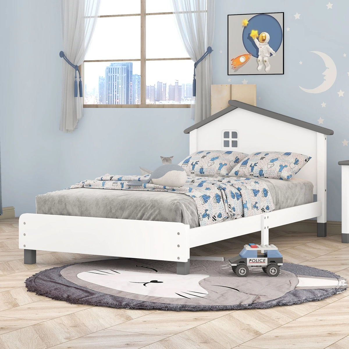 White Gray Twin Size Solid Wood Platform Bed with House-shaped Headboard A716216