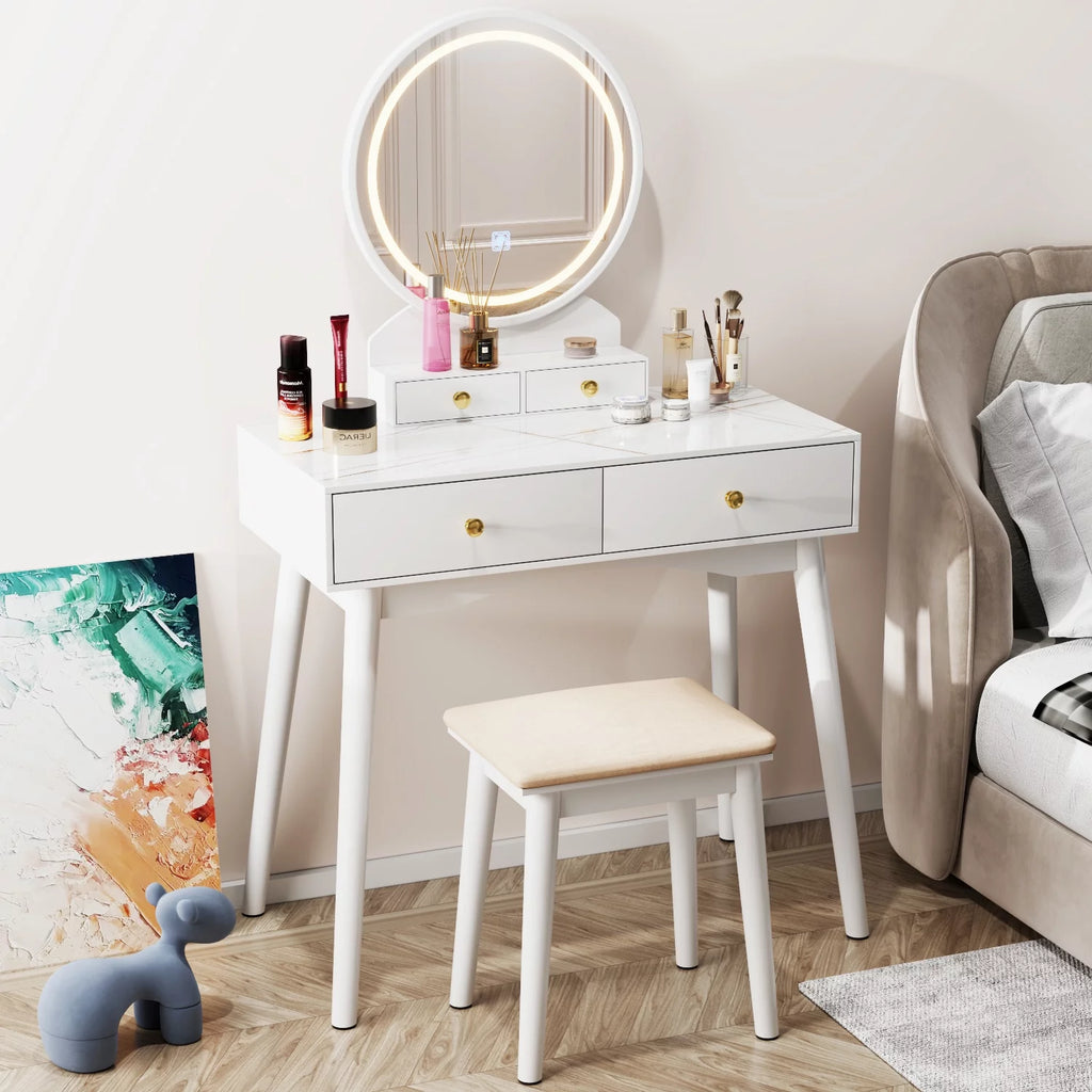 White Vanity Table with Lighted Mirror, Stool and 4 Drawers T4159